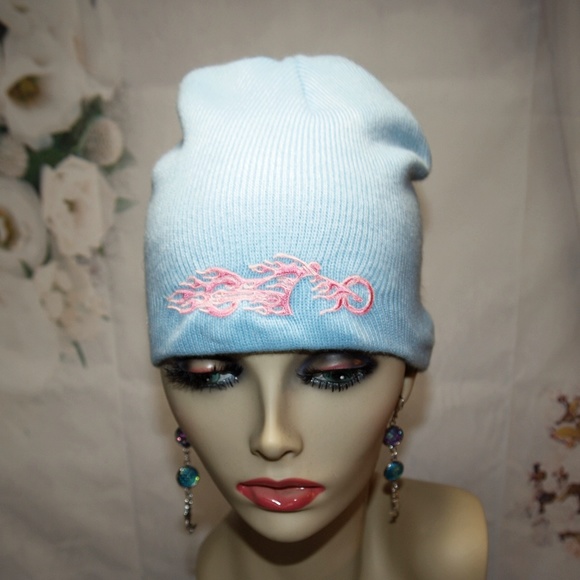 Pink Flaming Motorcycle Knit Hat Biker Girl hat NWOT Beanie - Picture 2 of 5